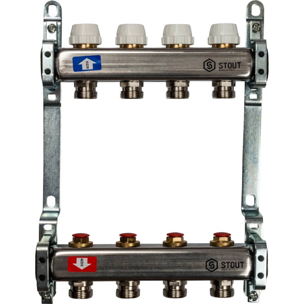Коллектор из нерж. стали для систем напольного и радиат. отопления с вентилями на 4 выхода STOUT